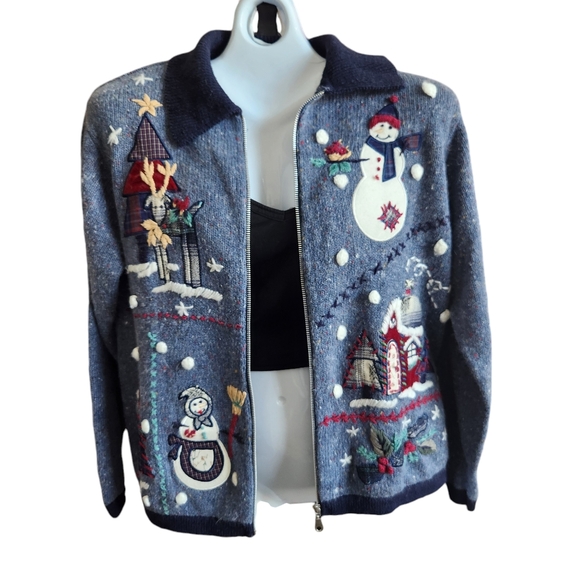 VTG Festive BP Design Embroidered Patchwork Blue Heather Zip Christmas Sweater M - Picture 4 of 15